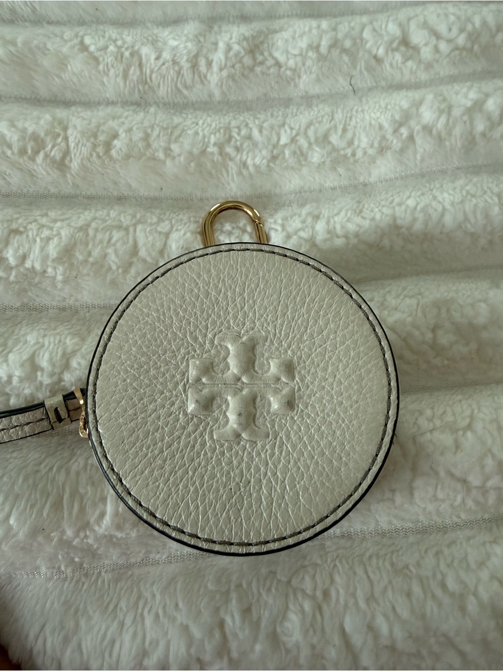 Tory BurchWhite Round Leather Coin Pouch with Embossed Logo